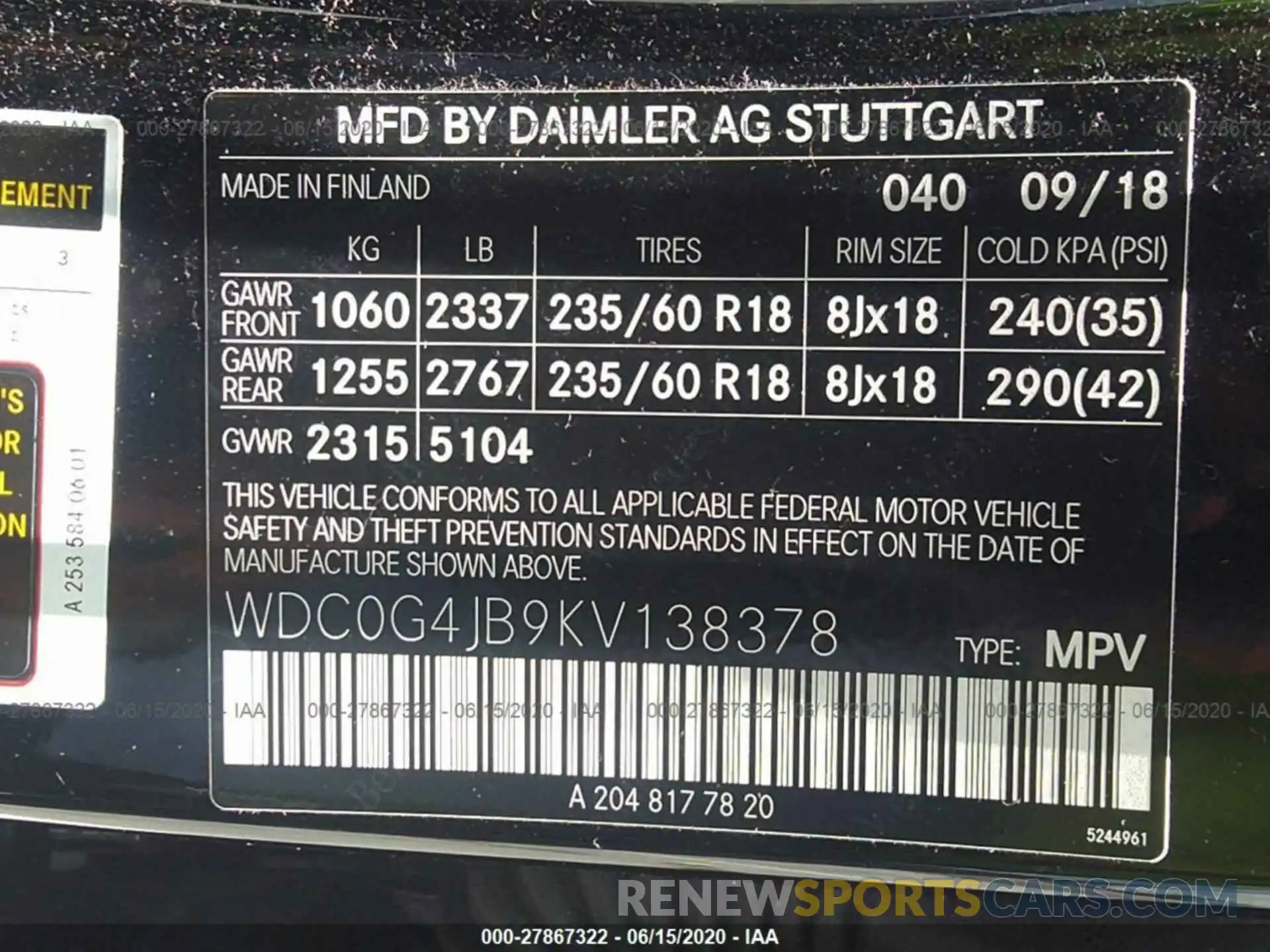 9 Фотография поврежденного автомобиля WDC0G4JB9KV138378 MERCEDES-BENZ GLC 2019