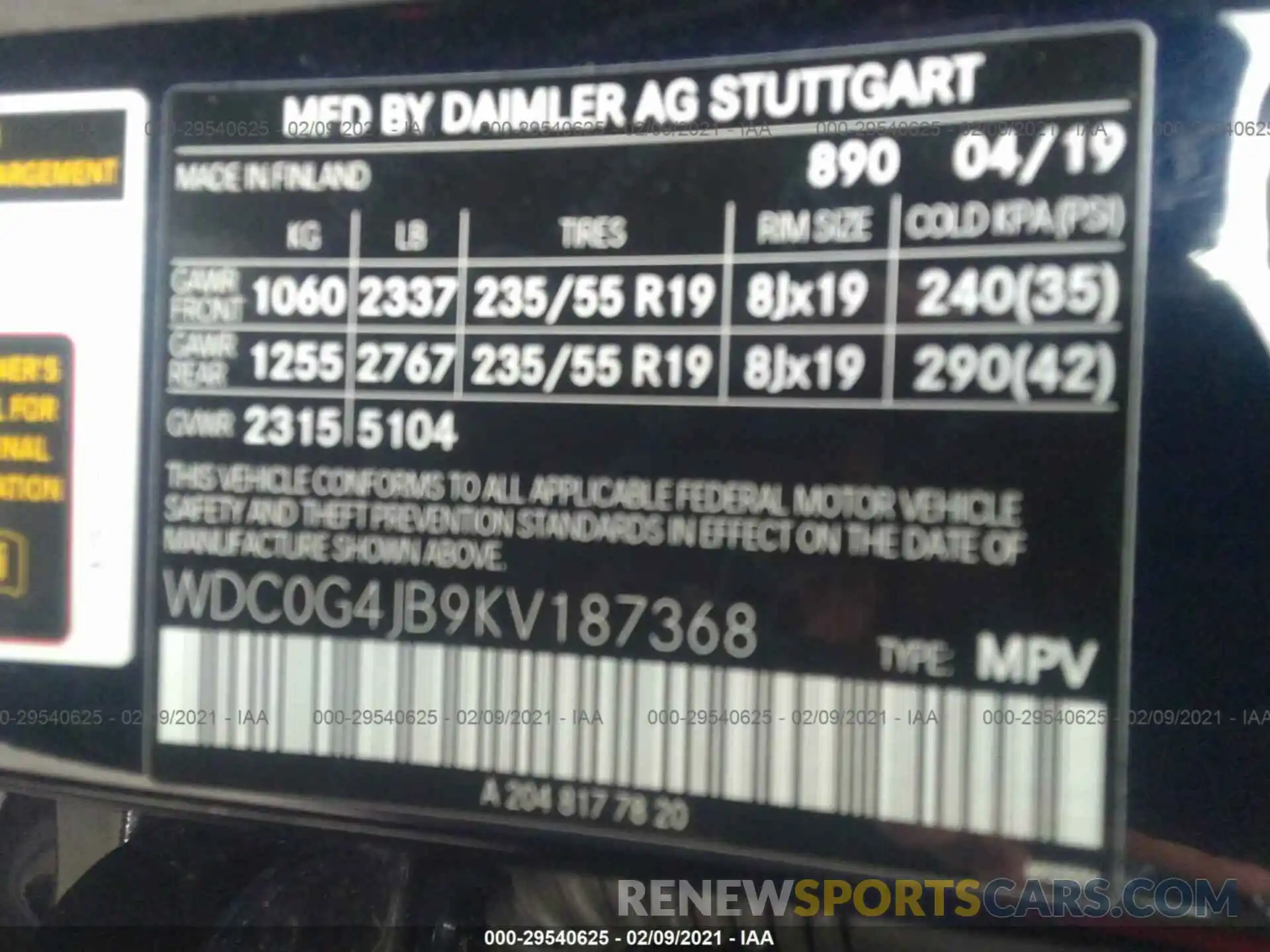 9 Фотография поврежденного автомобиля WDC0G4JB9KV187368 MERCEDES-BENZ GLC 2019