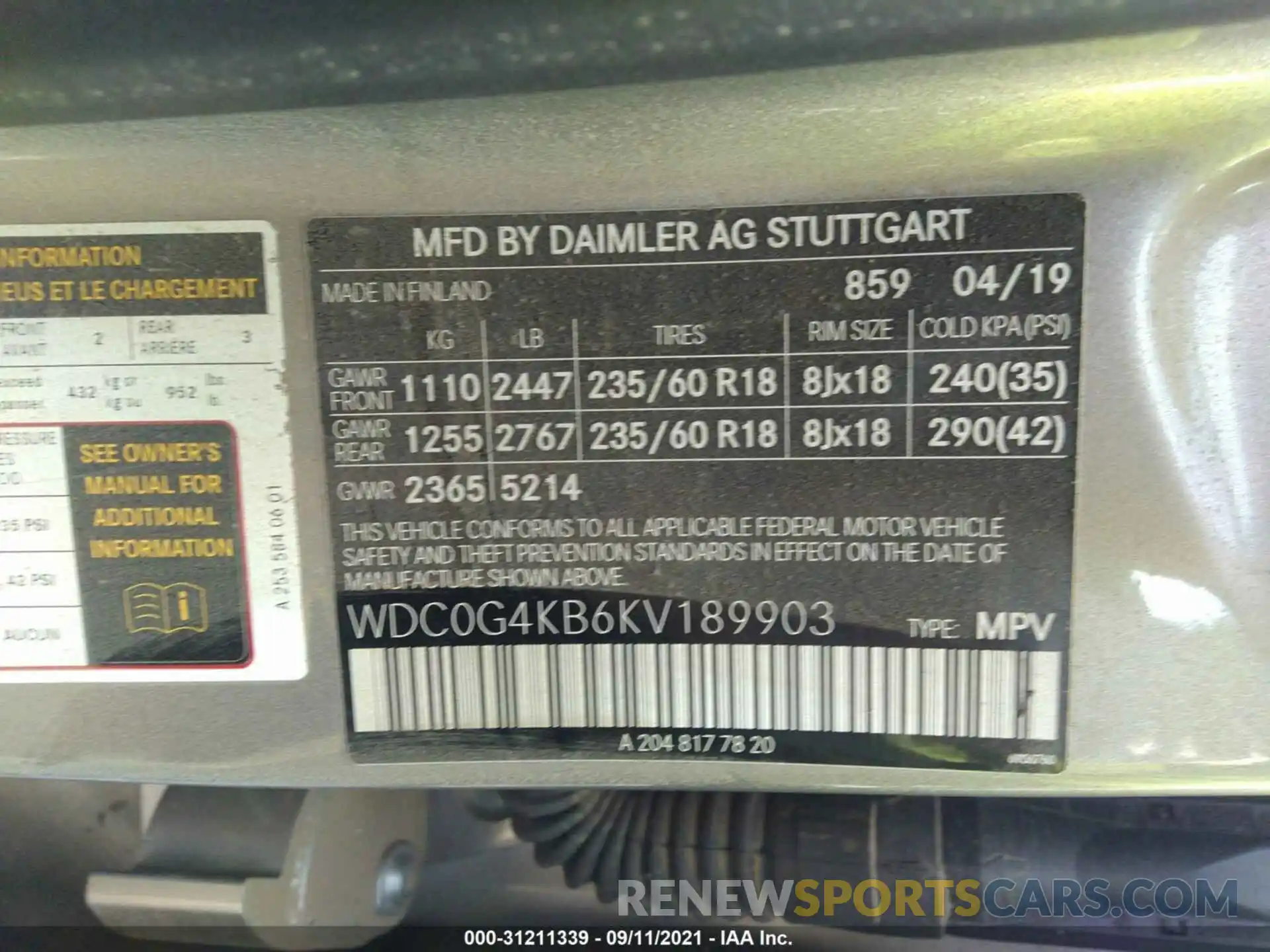 9 Фотография поврежденного автомобиля WDC0G4KB6KV189903 MERCEDES-BENZ GLC 2019