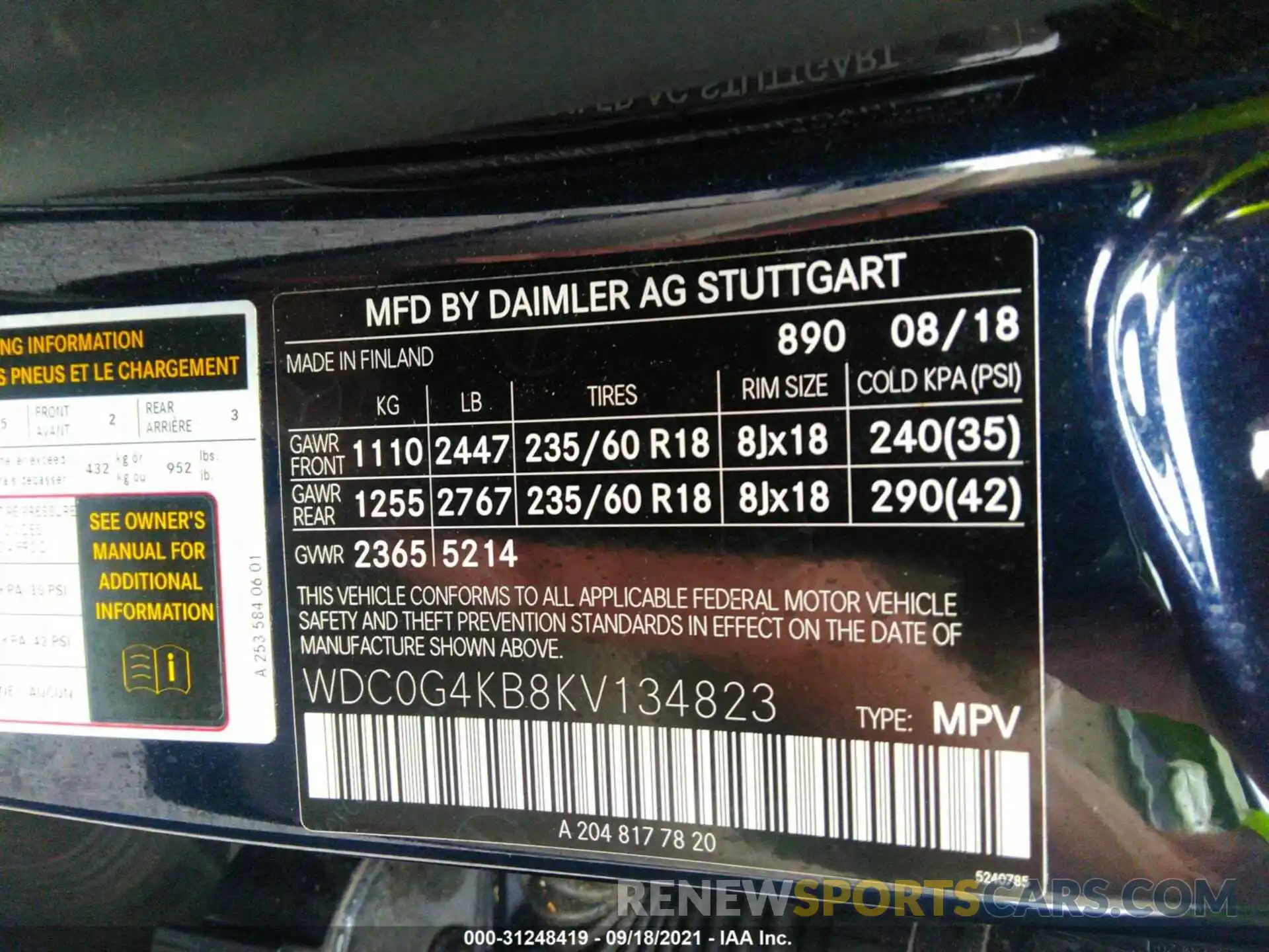 9 Фотография поврежденного автомобиля WDC0G4KB8KV134823 MERCEDES-BENZ GLC 2019