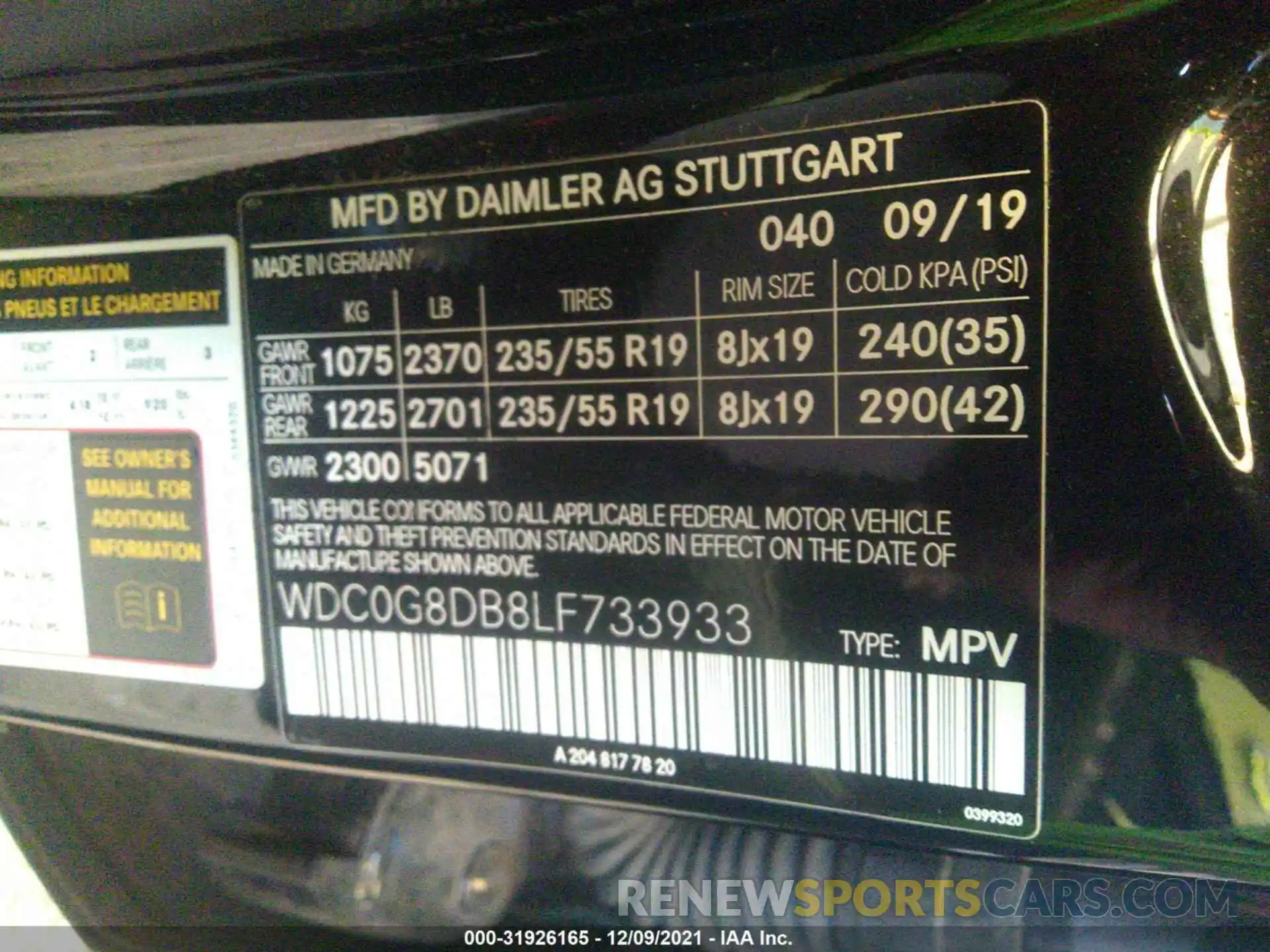 9 Фотография поврежденного автомобиля WDC0G8DB8LF733933 MERCEDES-BENZ GLC 2020