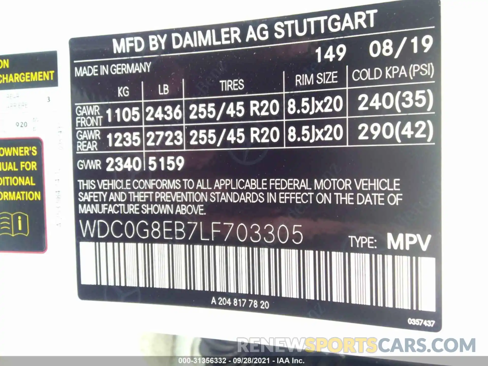 9 Фотография поврежденного автомобиля WDC0G8EB7LF703305 MERCEDES-BENZ GLC 2020