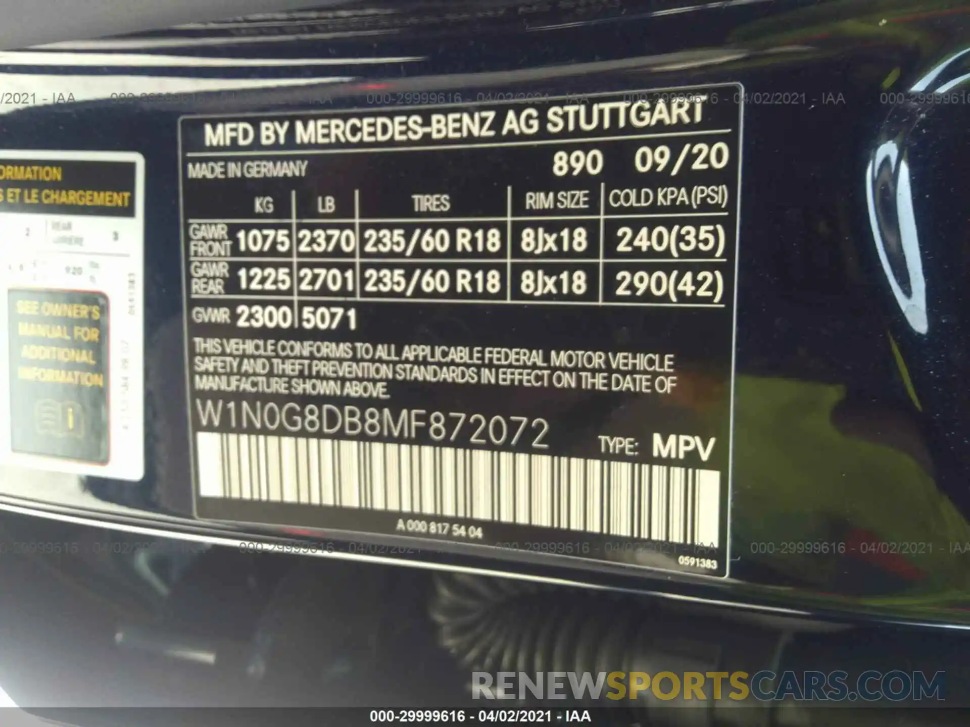 9 Фотография поврежденного автомобиля W1N0G8DB8MF872072 MERCEDES-BENZ GLC 2021