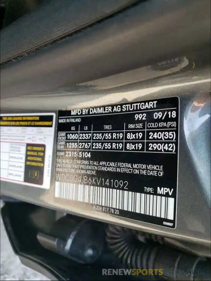 10 Photograph of a damaged car WDC0G4JB6KV141092 MERCEDES-BENZ GLC-CLASS 2019