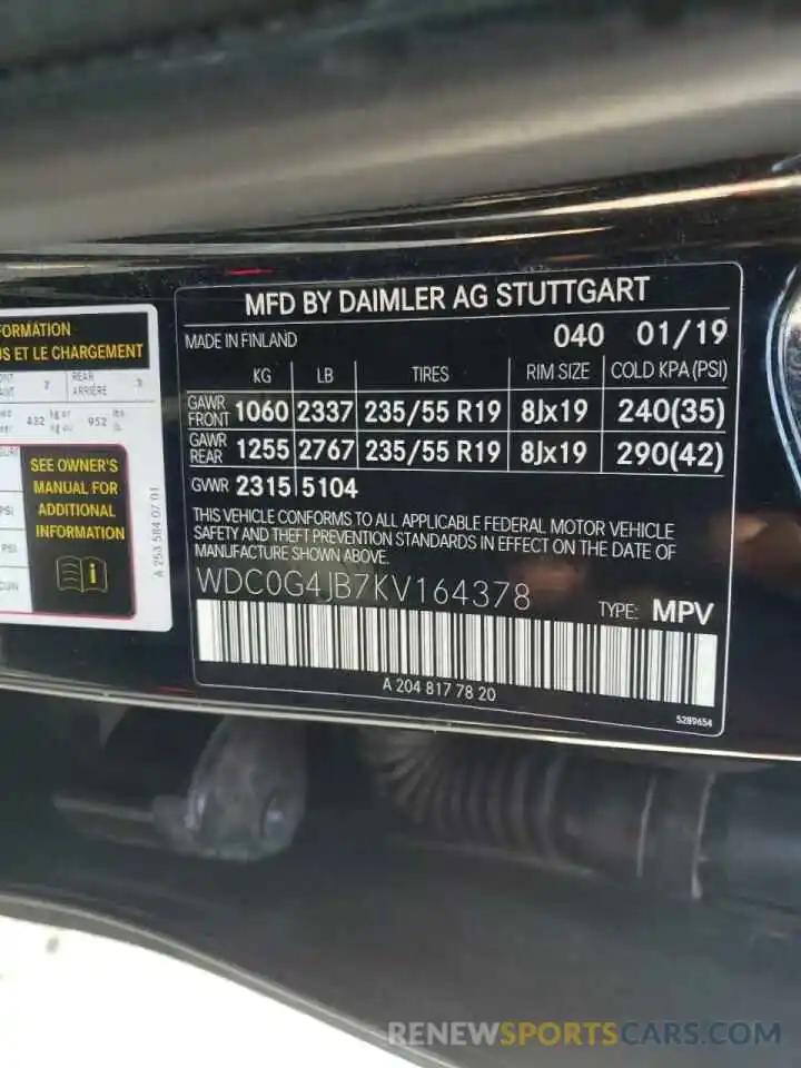 10 Photograph of a damaged car WDC0G4JB7KV164378 MERCEDES-BENZ GLC-CLASS 2019