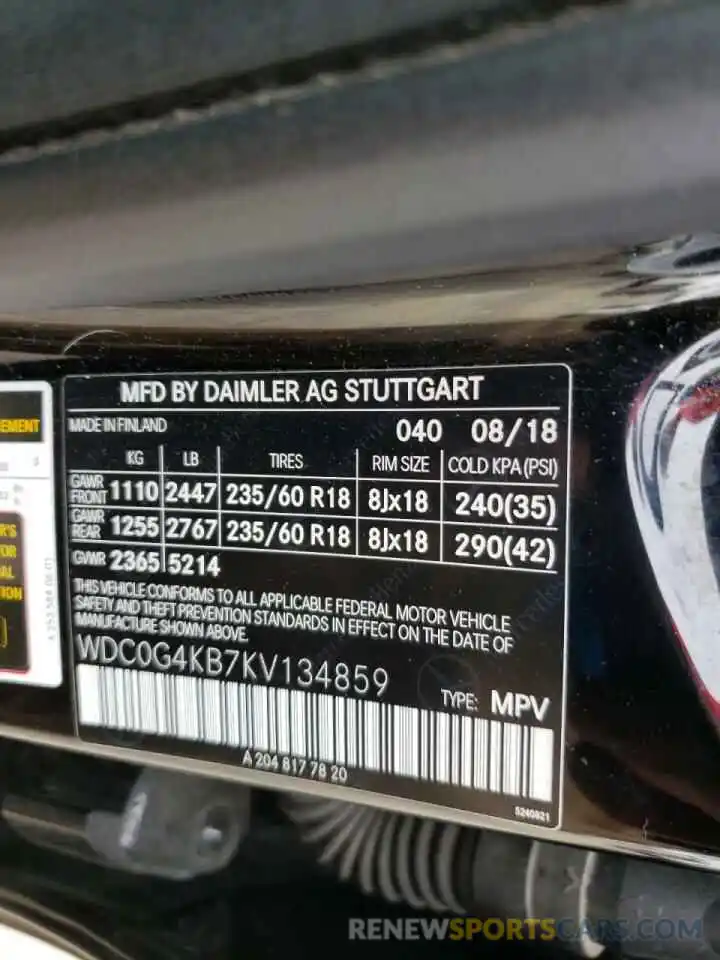 10 Photograph of a damaged car WDC0G4KB7KV134859 MERCEDES-BENZ GLC-CLASS 2019