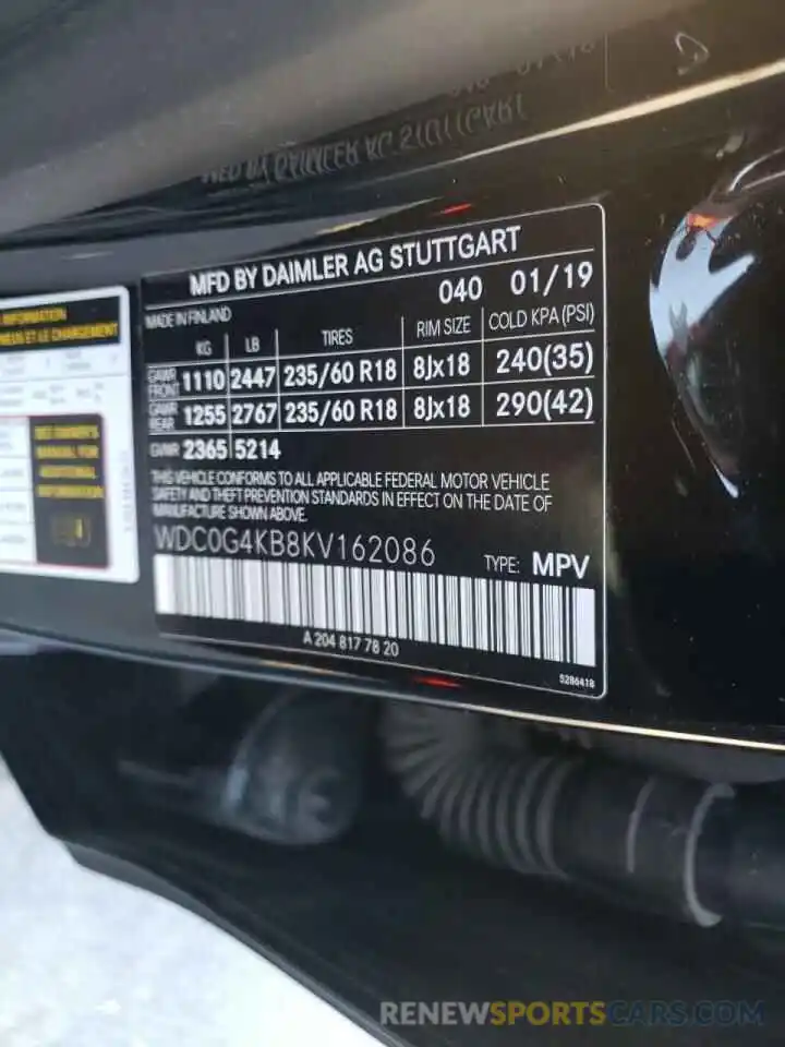 10 Photograph of a damaged car WDC0G4KB8KV162086 MERCEDES-BENZ GLC-CLASS 2019