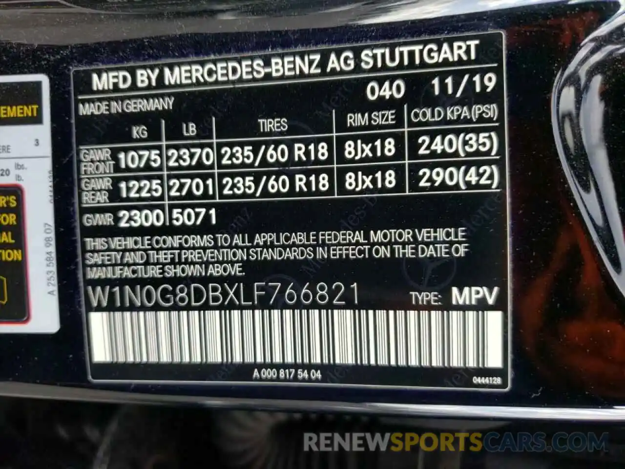 10 Фотография поврежденного автомобиля W1N0G8DBXLF766821 MERCEDES-BENZ GLC-CLASS 2020