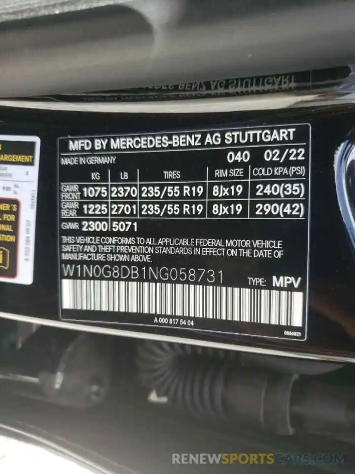 10 Фотография поврежденного автомобиля W1N0G8DB1NG058731 MERCEDES-BENZ GLC-CLASS 2022