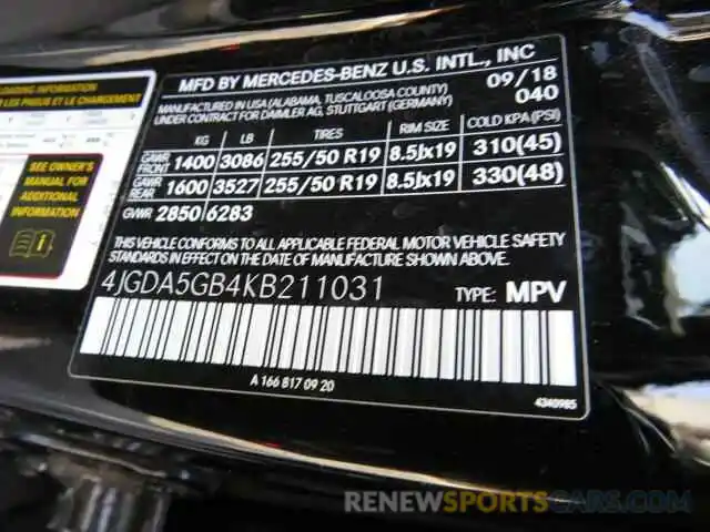 10 Photograph of a damaged car 4JGDA5GB4KB211031 MERCEDES-BENZ GLE-CLASS 2019