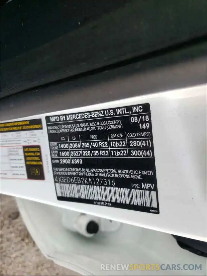 10 Photograph of a damaged car 4JGED6EB2KA127316 MERCEDES-BENZ GLE-CLASS 2019