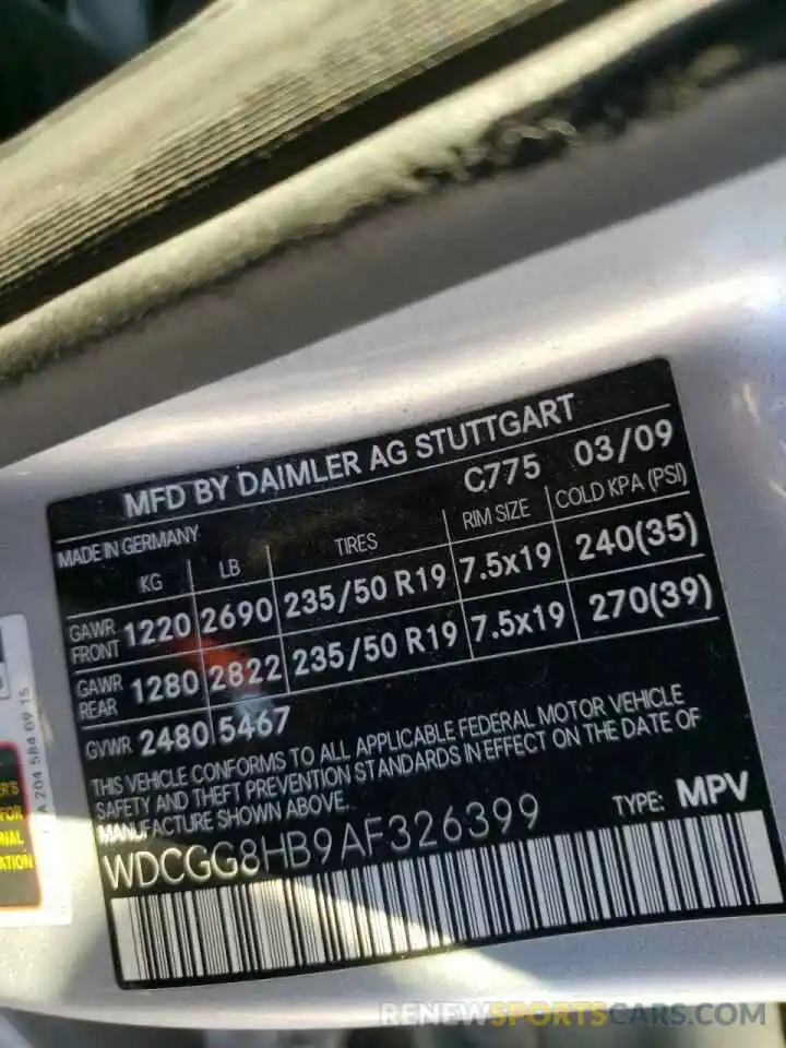 10 Photograph of a damaged car WDCGG8HB9AF326399 MERCEDES-BENZ GLK-CLASS 2019