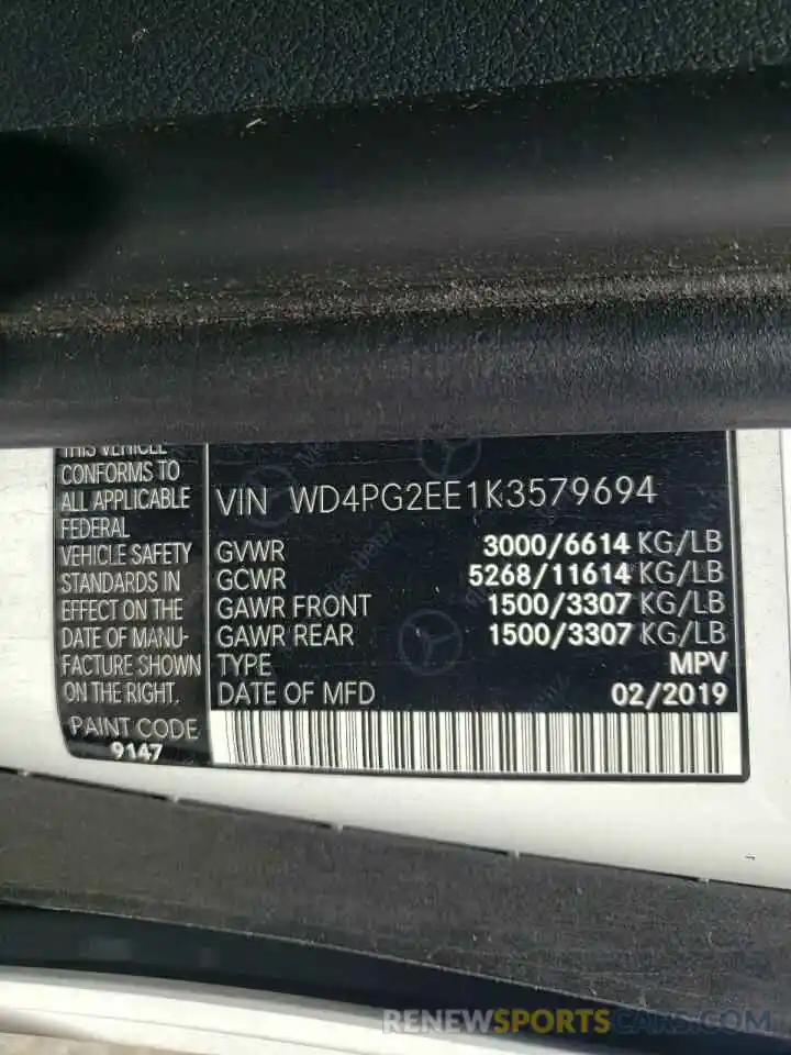 10 Фотография поврежденного автомобиля WD4PG2EE1K3579694 MERCEDES-BENZ METRIS 2019