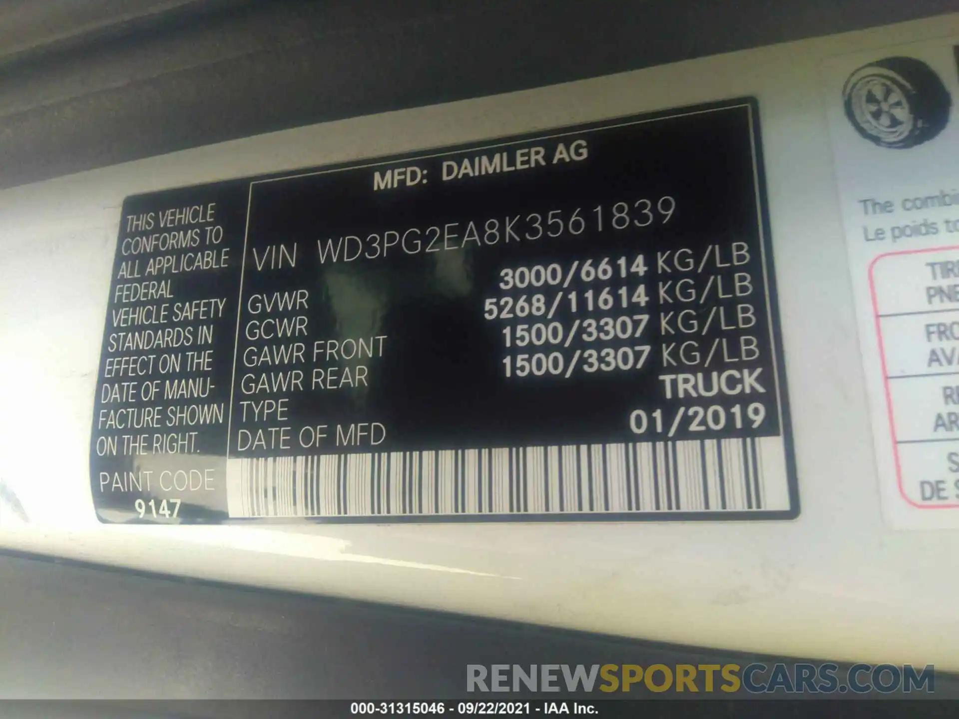 9 Фотография поврежденного автомобиля WD3PG2EA8K3561839 MERCEDES-BENZ METRIS CARGO VAN 2019