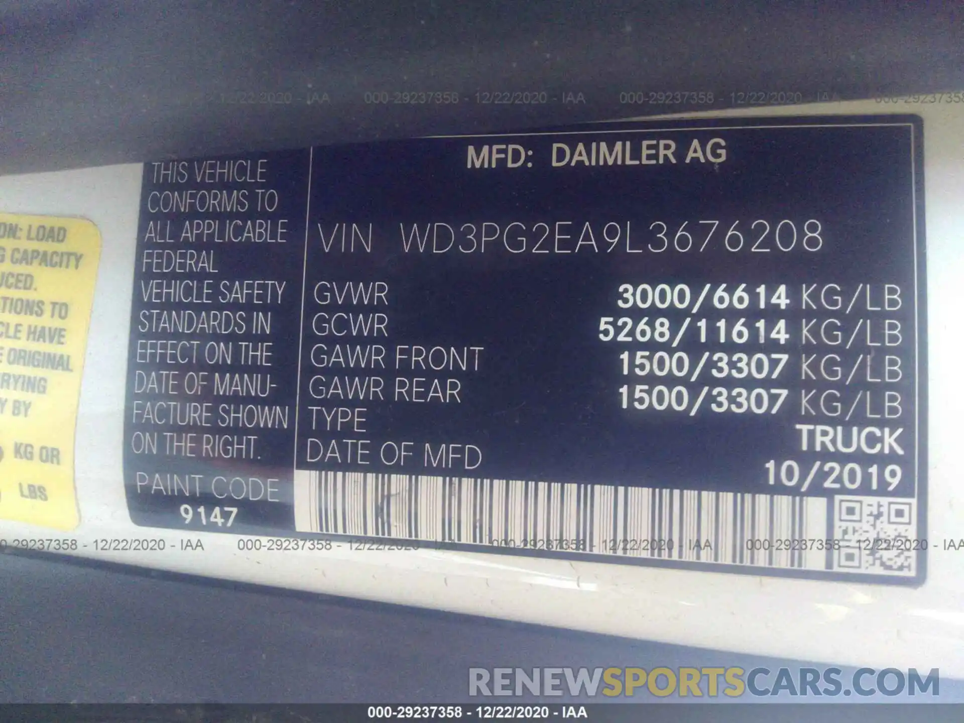 9 Photograph of a damaged car WD3PG2EA9L3676208 MERCEDES-BENZ METRIS CARGO VAN 2020