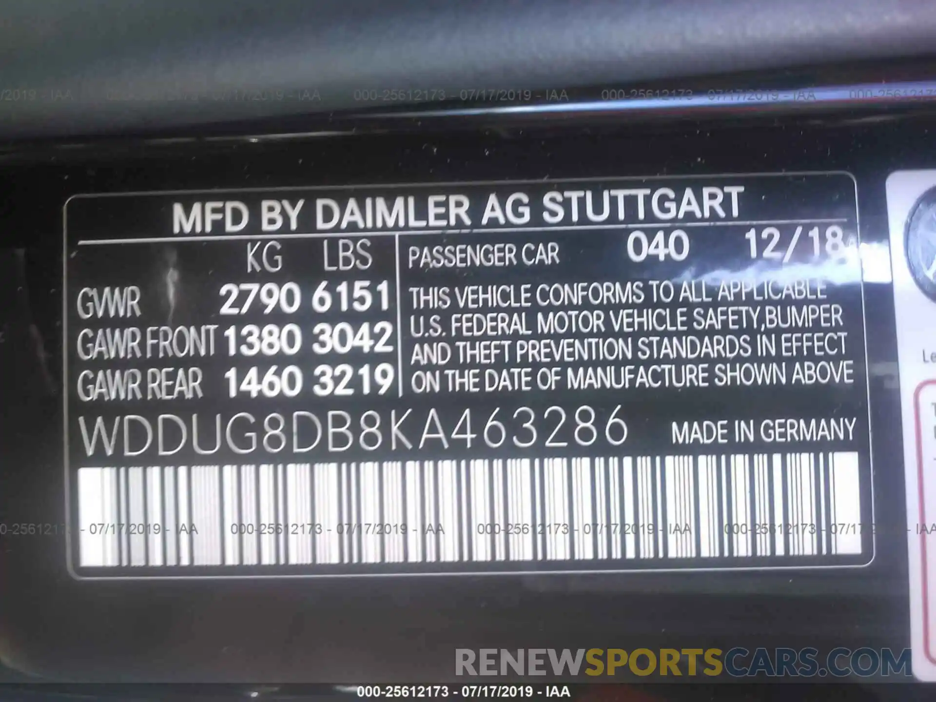 9 Фотография поврежденного автомобиля WDDUG8DB8KA463286 MERCEDES-BENZ S 2019