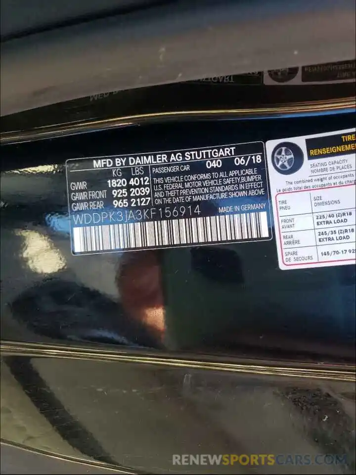 10 Photograph of a damaged car WDDPK3JA3KF156914 MERCEDES-BENZ S CLASS 2019