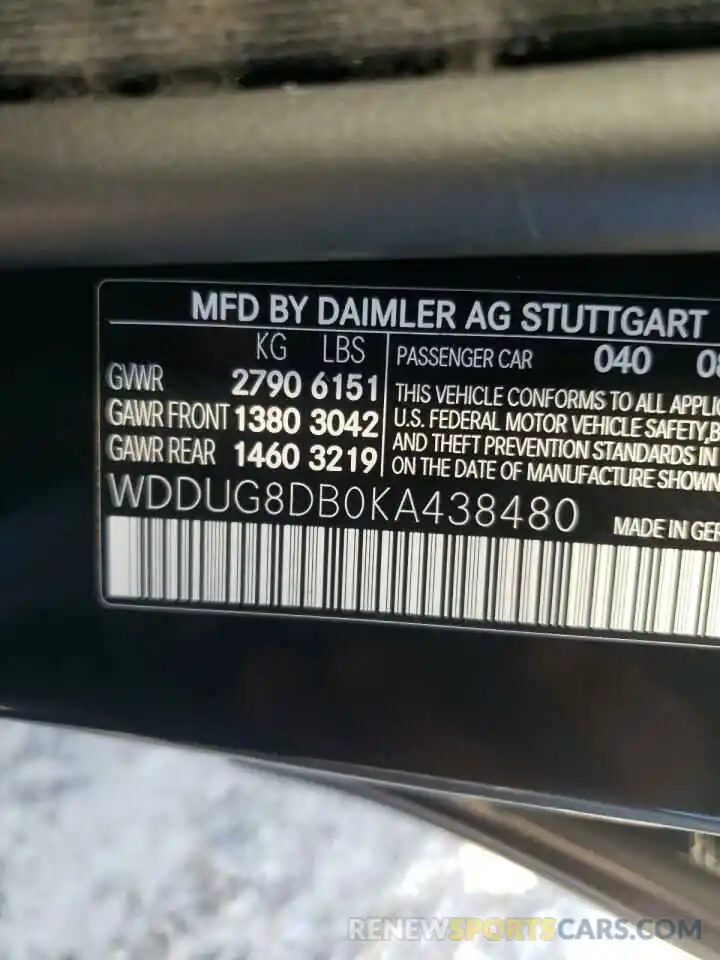 10 Photograph of a damaged car WDDUG8DB0KA438480 MERCEDES-BENZ S-CLASS 2019