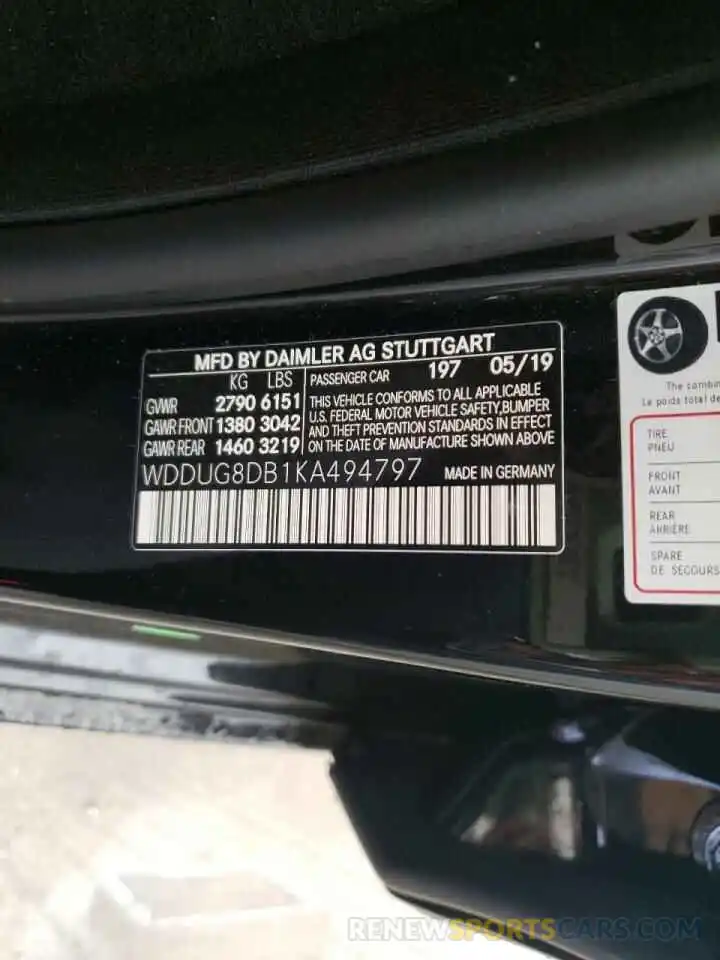 10 Photograph of a damaged car WDDUG8DB1KA494797 MERCEDES-BENZ S-CLASS 2019