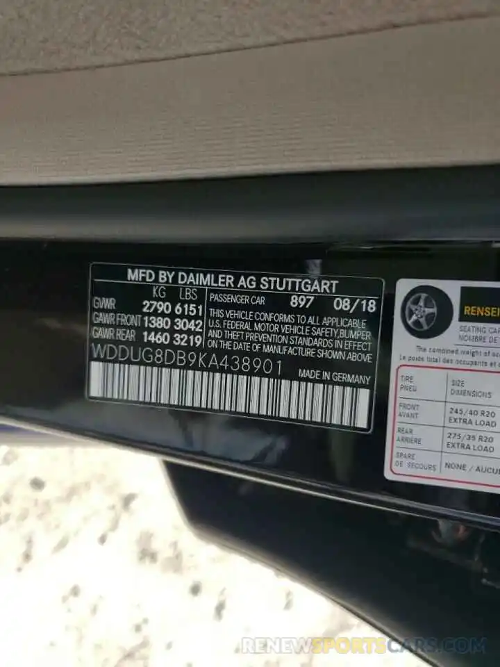 10 Photograph of a damaged car WDDUG8DB9KA438901 MERCEDES-BENZ S-CLASS 2019