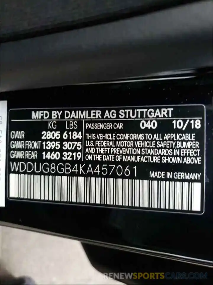 10 Photograph of a damaged car WDDUG8GB4KA457061 MERCEDES-BENZ S CLASS 2019