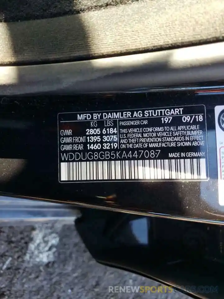 10 Photograph of a damaged car WDDUG8GB5KA447087 MERCEDES-BENZ S-CLASS 2019