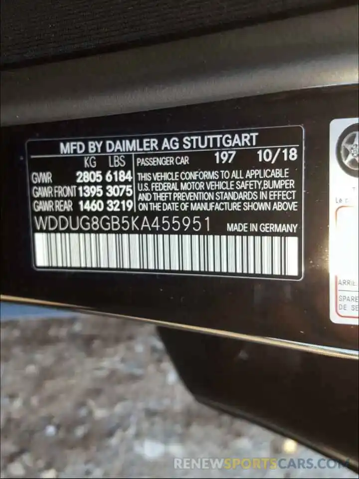 10 Фотография поврежденного автомобиля WDDUG8GB5KA455951 MERCEDES-BENZ S CLASS 2019