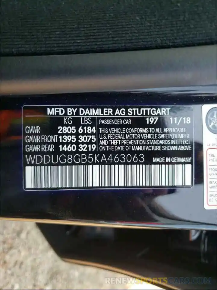 10 Photograph of a damaged car WDDUG8GB5KA463063 MERCEDES-BENZ S-CLASS 2019