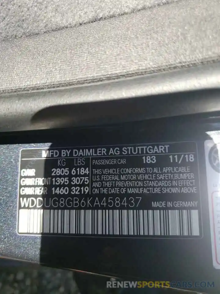 10 Photograph of a damaged car WDDUG8GB6KA458437 MERCEDES-BENZ S-CLASS 2019