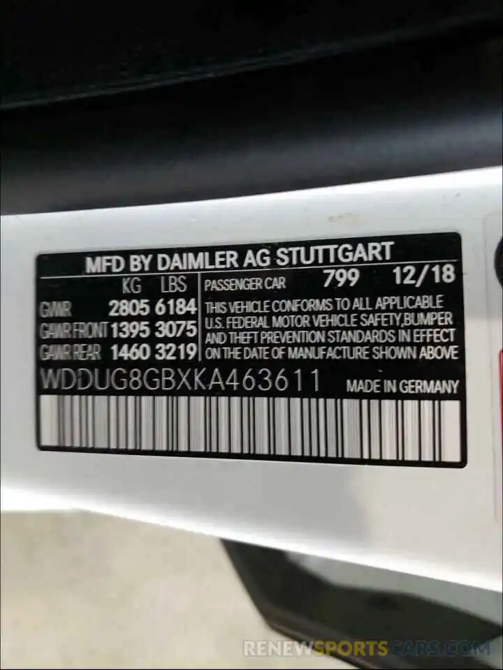 10 Photograph of a damaged car WDDUG8GBXKA463611 MERCEDES-BENZ S CLASS 2019