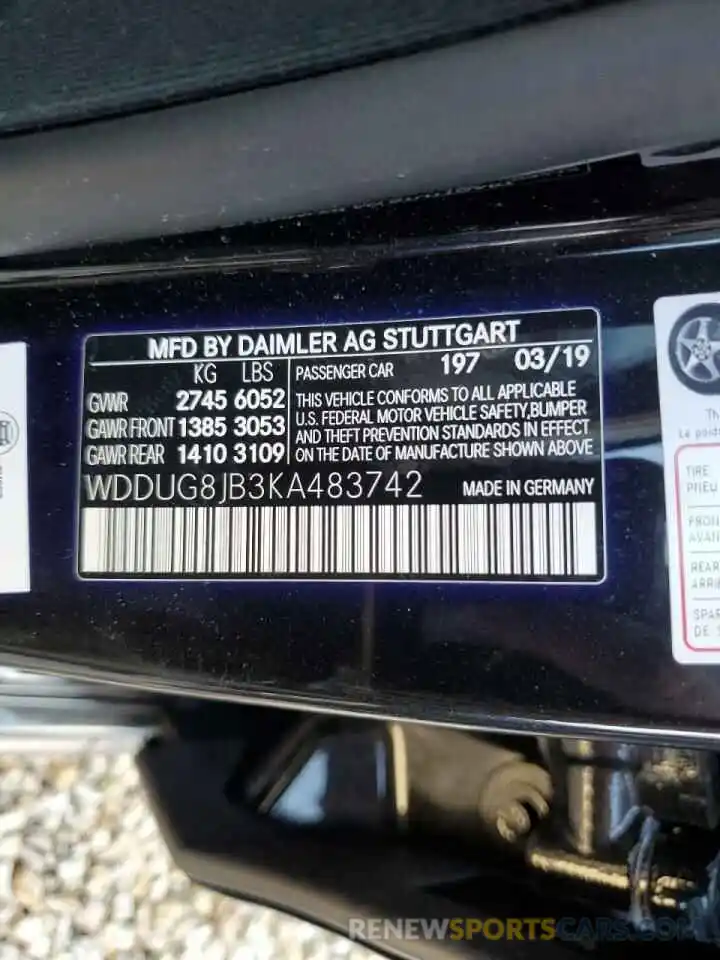 10 Photograph of a damaged car WDDUG8JB3KA483742 MERCEDES-BENZ S-CLASS 2019