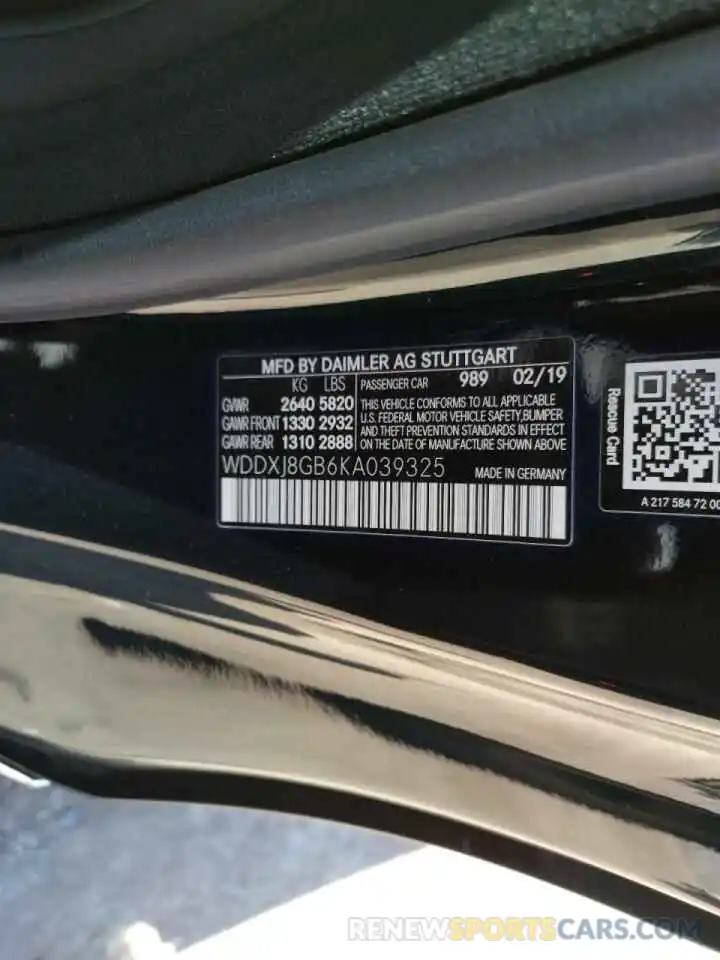 10 Photograph of a damaged car WDDXJ8GB6KA039325 MERCEDES-BENZ S-CLASS 2019