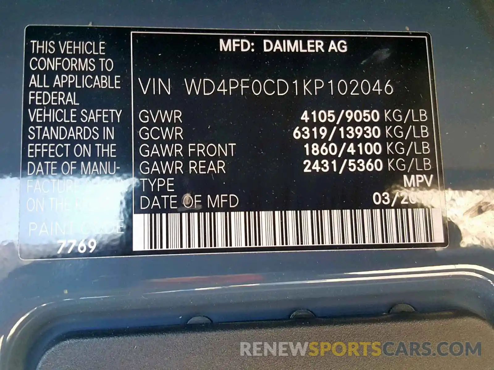 10 Фотография поврежденного автомобиля WD4PF0CD1KP102046 MERCEDES-BENZ SPRINTER 2 2019