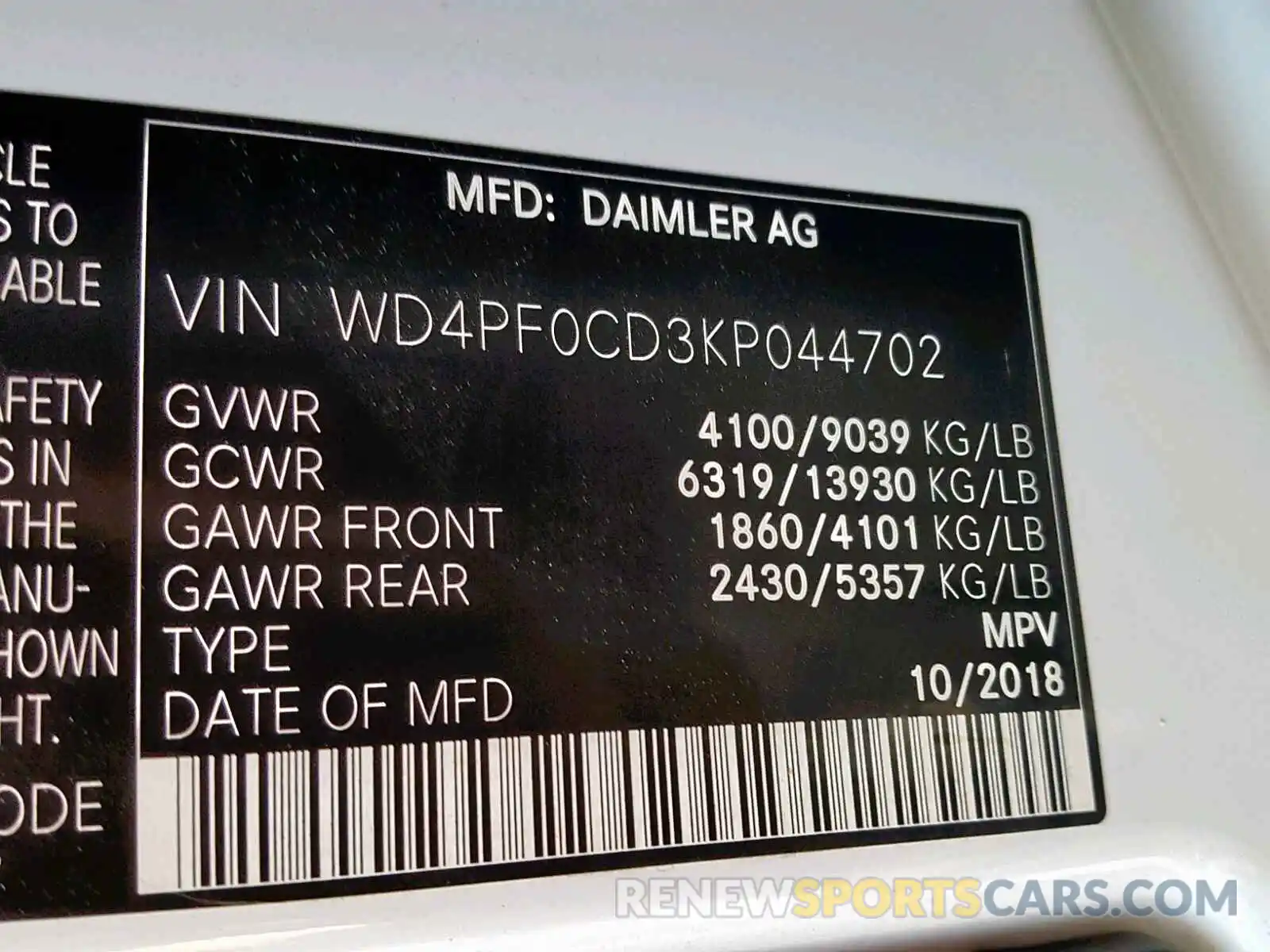 10 Фотография поврежденного автомобиля WD4PF0CD3KP044702 MERCEDES-BENZ SPRINTER 2 2019