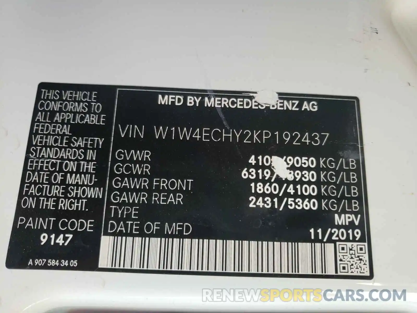 10 Photograph of a damaged car W1W4ECHY2KP192437 MERCEDES-BENZ SPRINTER 2019