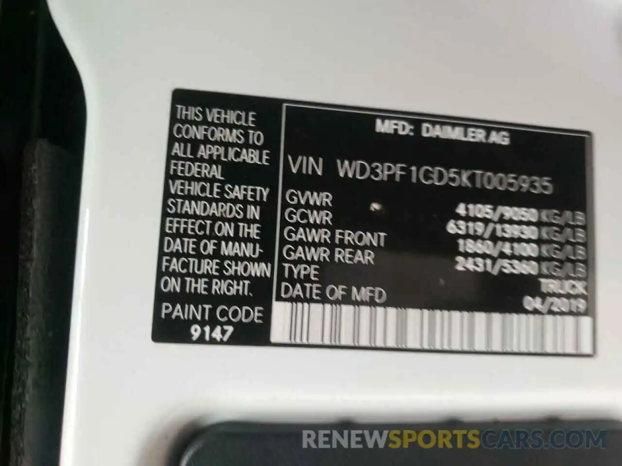 10 Фотография поврежденного автомобиля WD3PF1CD5KT005935 MERCEDES-BENZ SPRINTER 2019