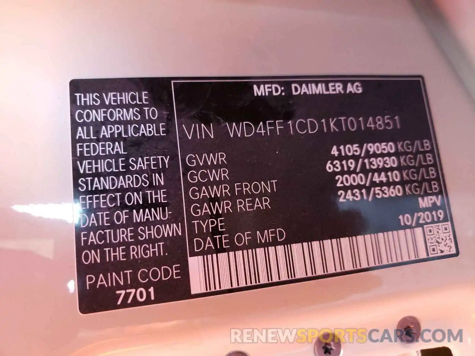 10 Photograph of a damaged car WD4FF1CD1KT014851 MERCEDES-BENZ SPRINTER 2019