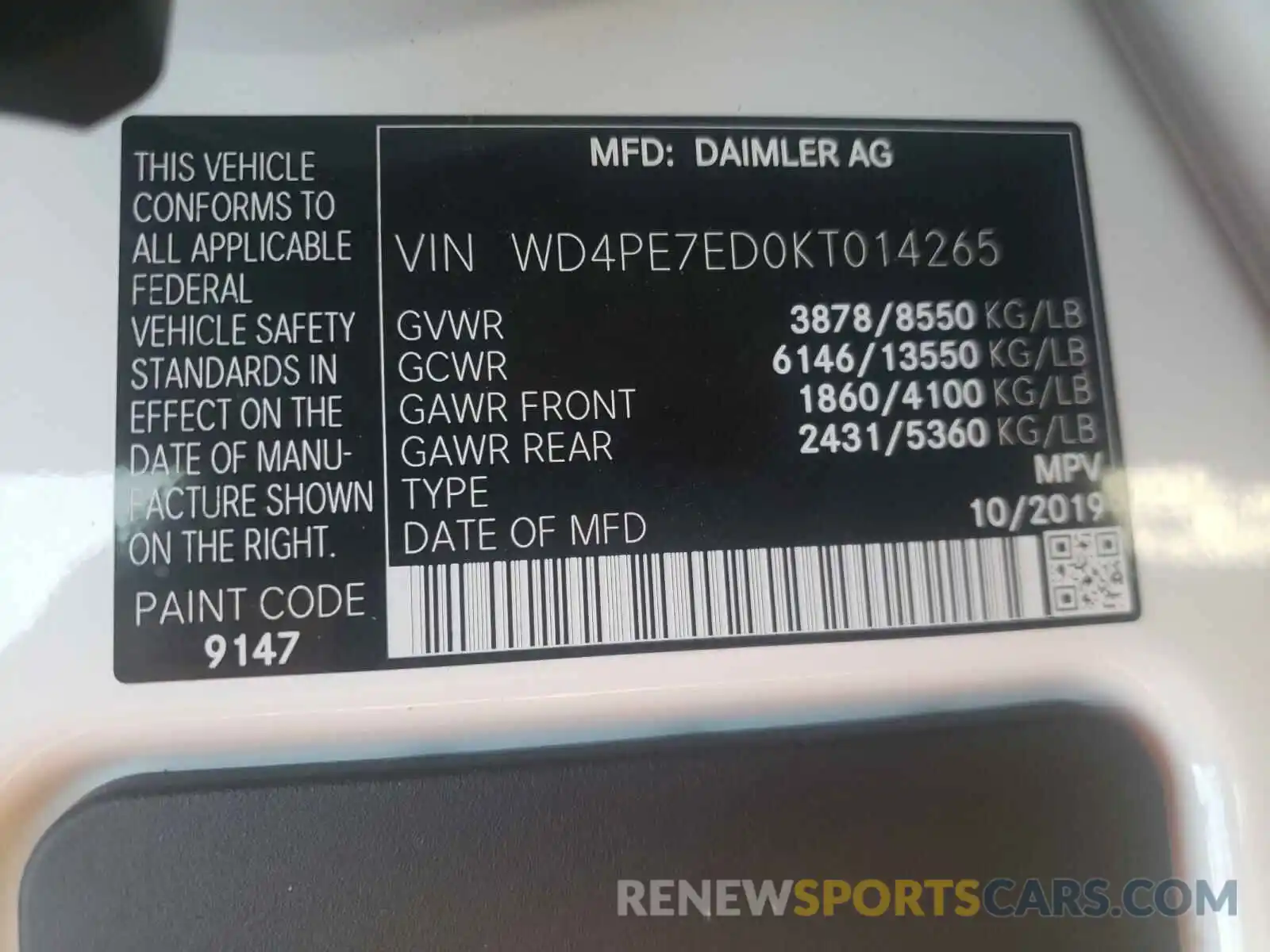 10 Photograph of a damaged car WD4PE7ED0KT014265 MERCEDES-BENZ SPRINTER 2019