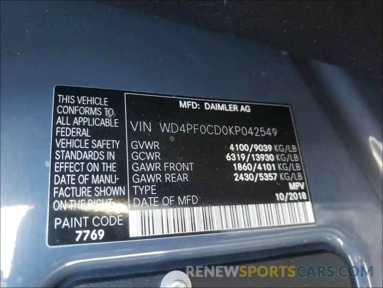 10 Photograph of a damaged car WD4PF0CD0KP042549 MERCEDES-BENZ SPRINTER 2019