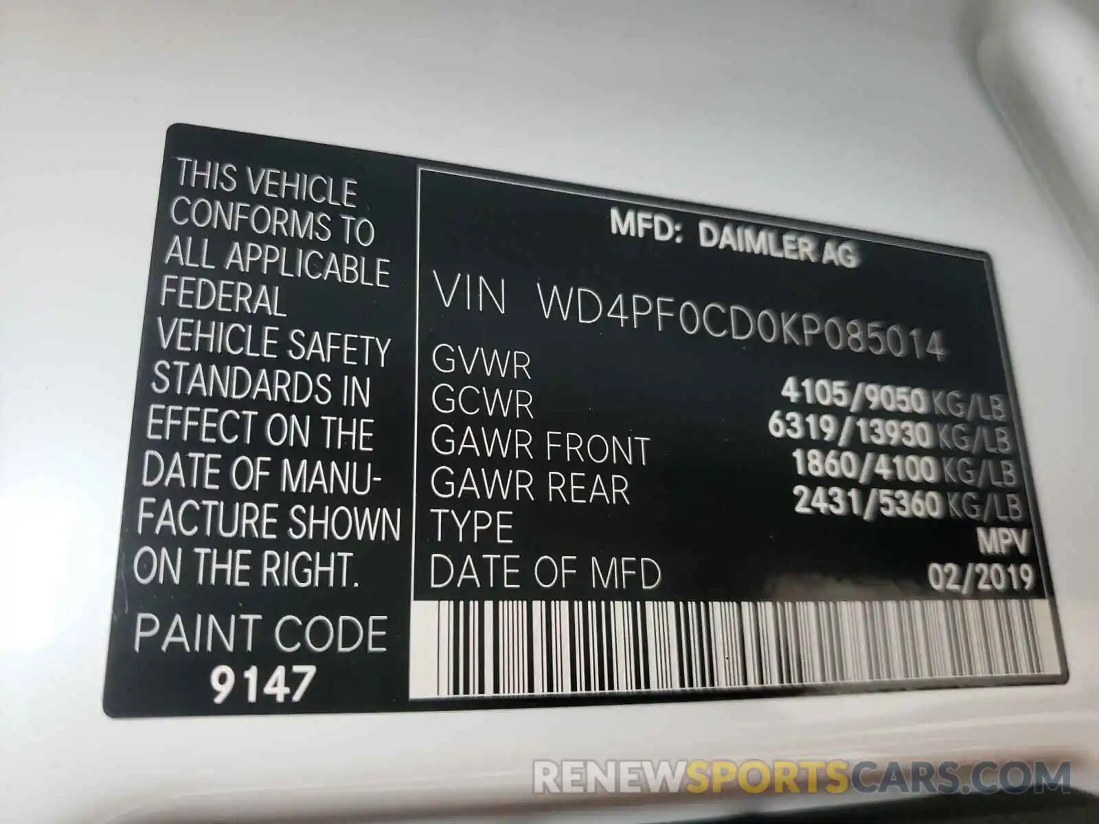 10 Photograph of a damaged car WD4PF0CD0KP085014 MERCEDES-BENZ SPRINTER 2019