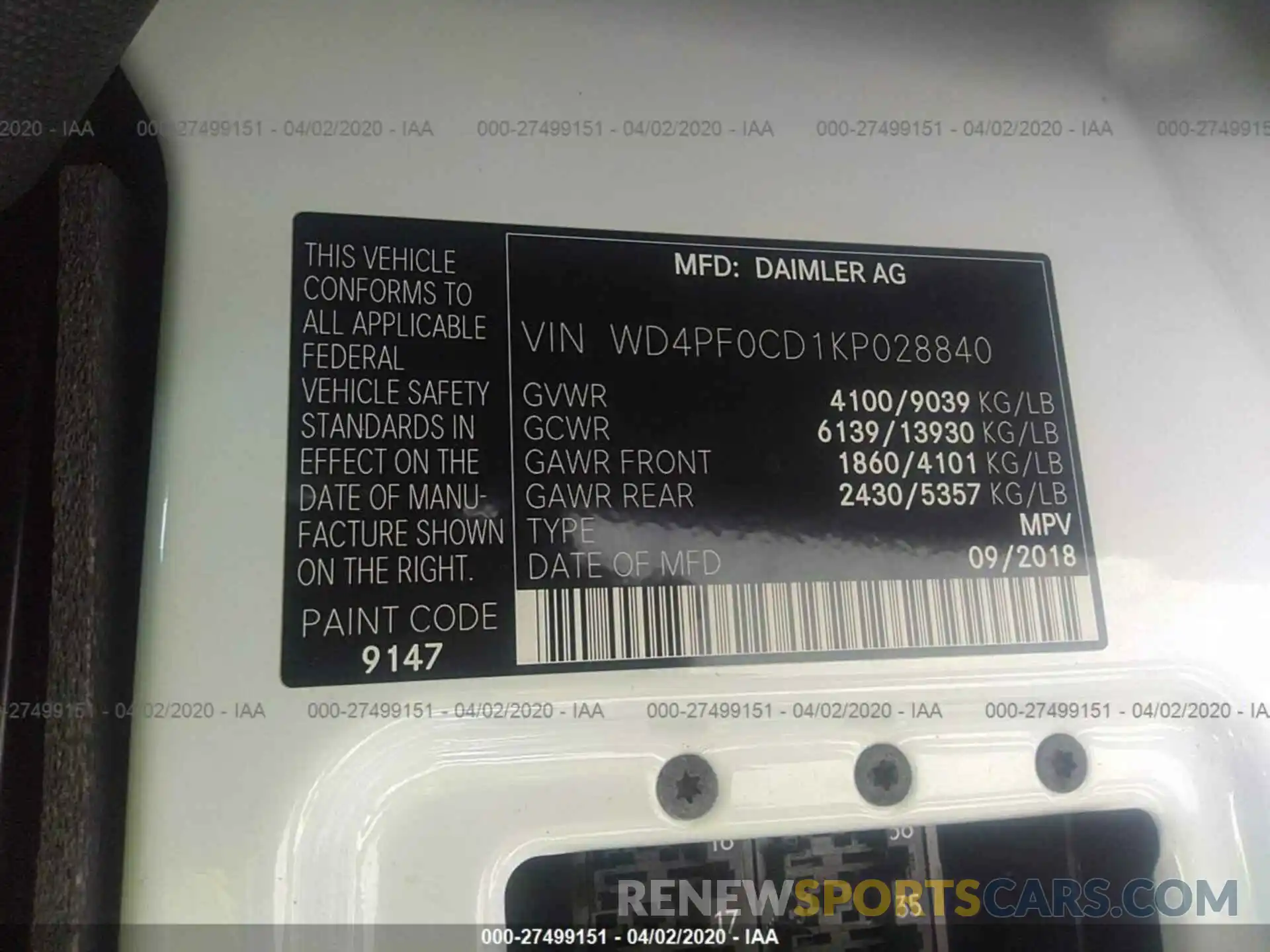 9 Фотография поврежденного автомобиля WD4PF0CD1KP028840 MERCEDES-BENZ SPRINTER 2019