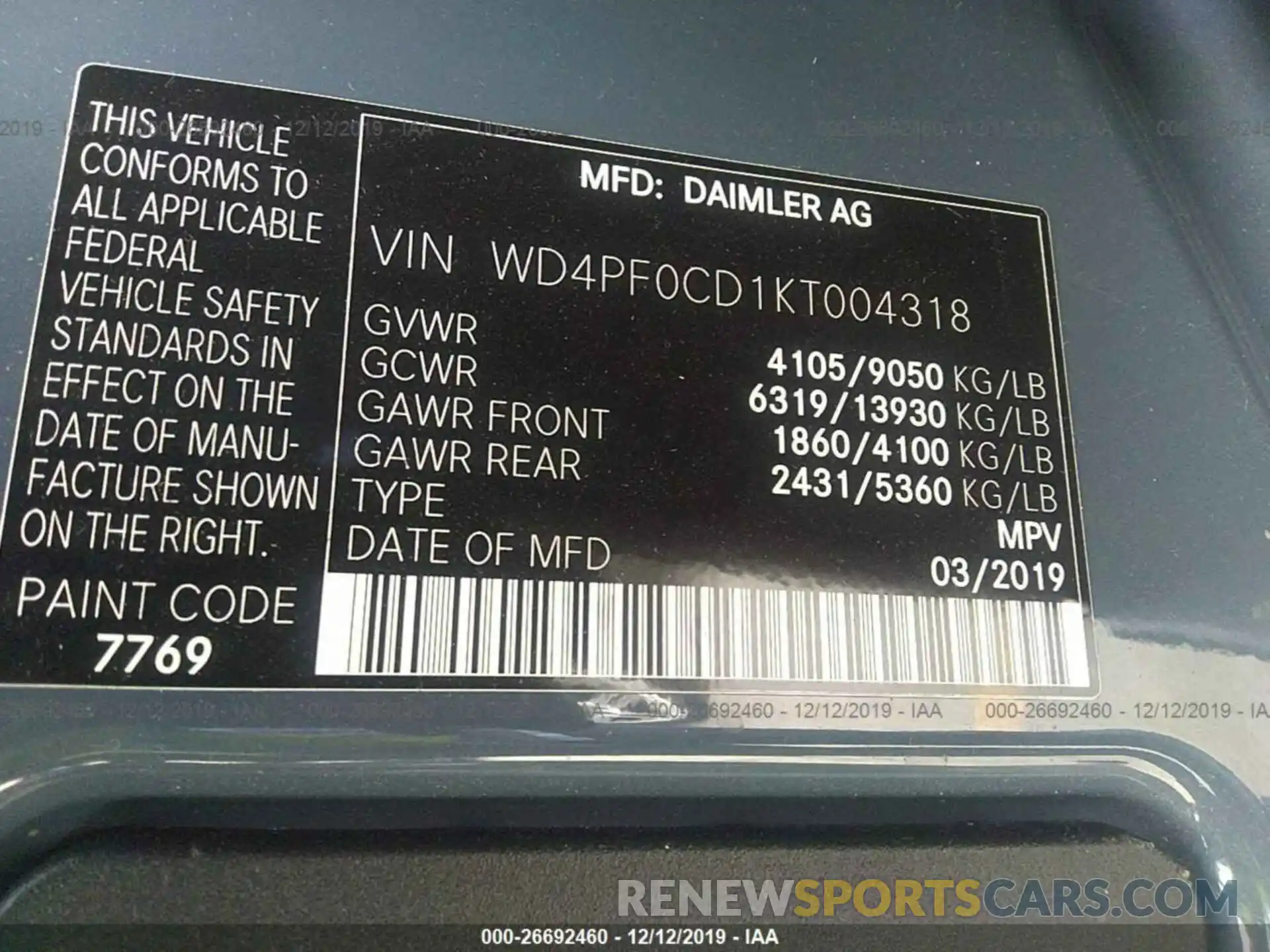 9 Photograph of a damaged car WD4PF0CD1KT004318 MERCEDES-BENZ SPRINTER 2019