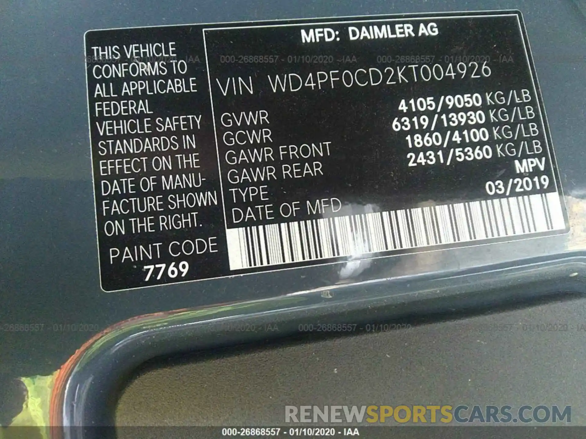 9 Photograph of a damaged car WD4PF0CD2KT004926 MERCEDES-BENZ SPRINTER 2019