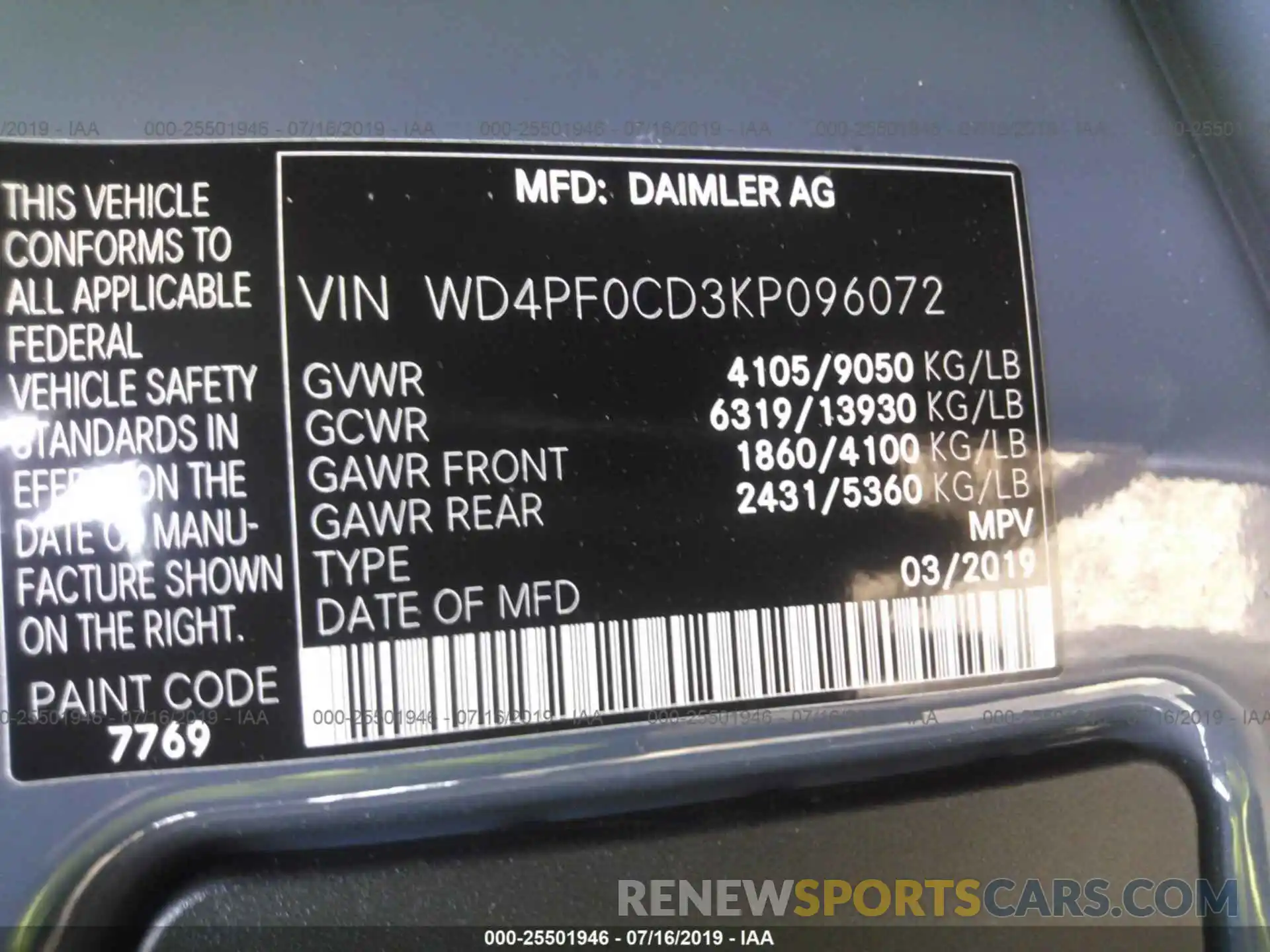 9 Фотография поврежденного автомобиля WD4PF0CD3KP096072 MERCEDES-BENZ SPRINTER 2019