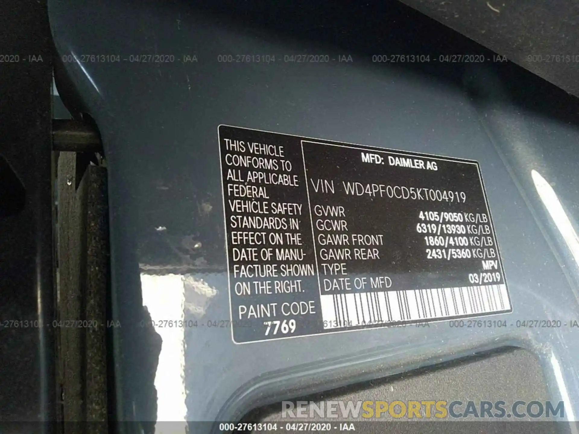 9 Photograph of a damaged car WD4PF0CD5KT004919 MERCEDES-BENZ SPRINTER 2019