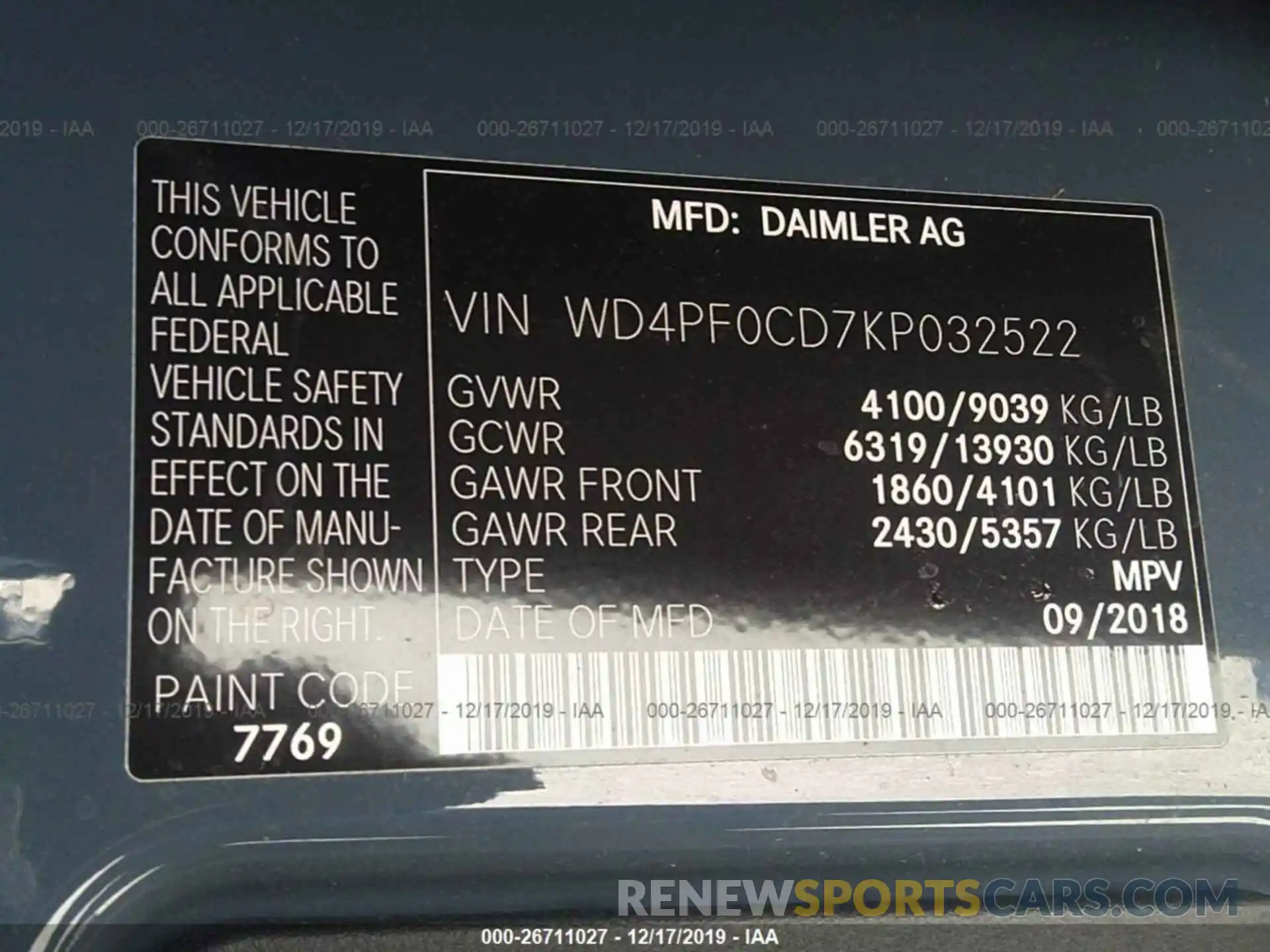 9 Фотография поврежденного автомобиля WD4PF0CD7KP032522 MERCEDES-BENZ SPRINTER 2019