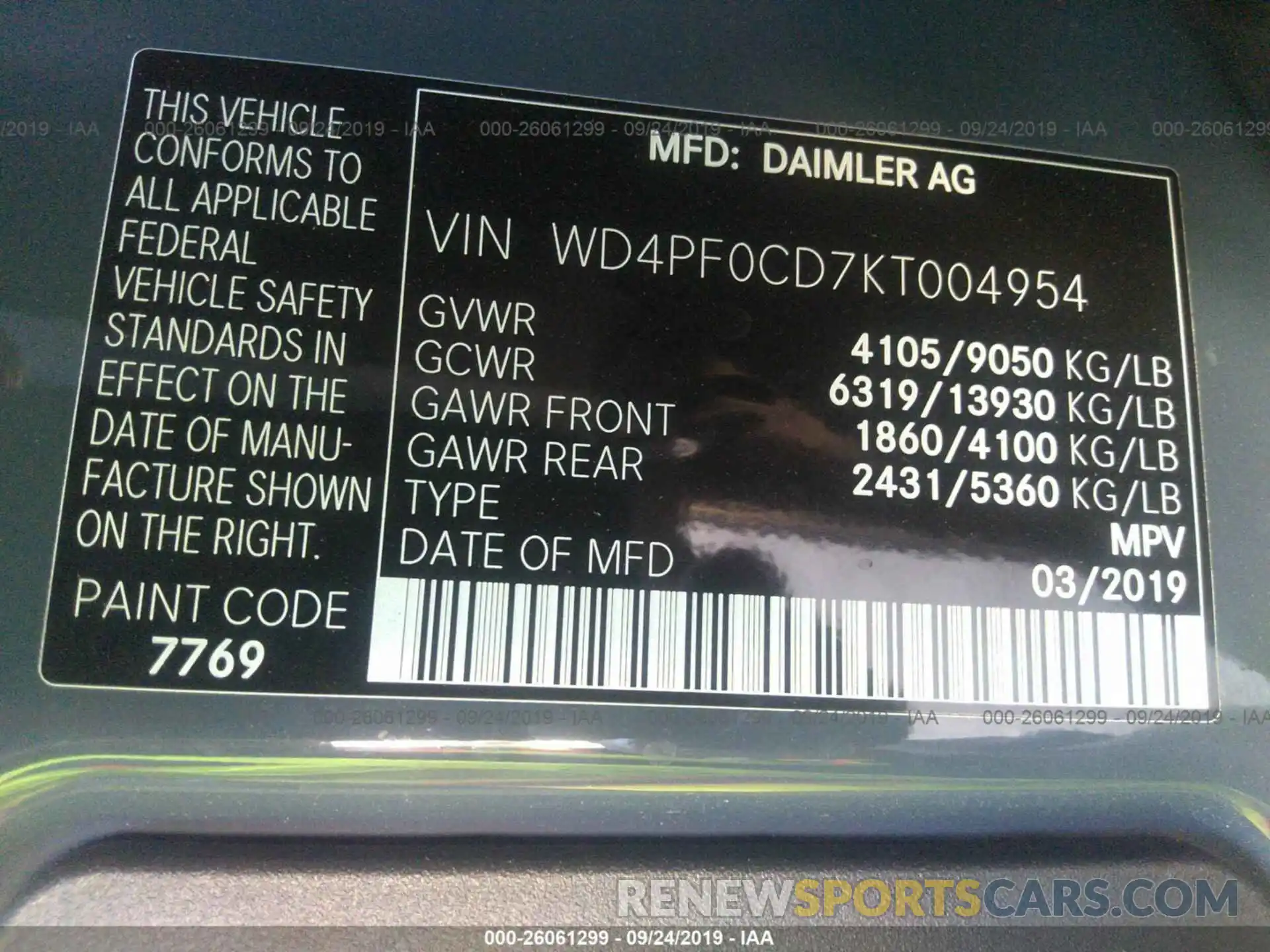 9 Фотография поврежденного автомобиля WD4PF0CD7KT004954 MERCEDES-BENZ SPRINTER 2019