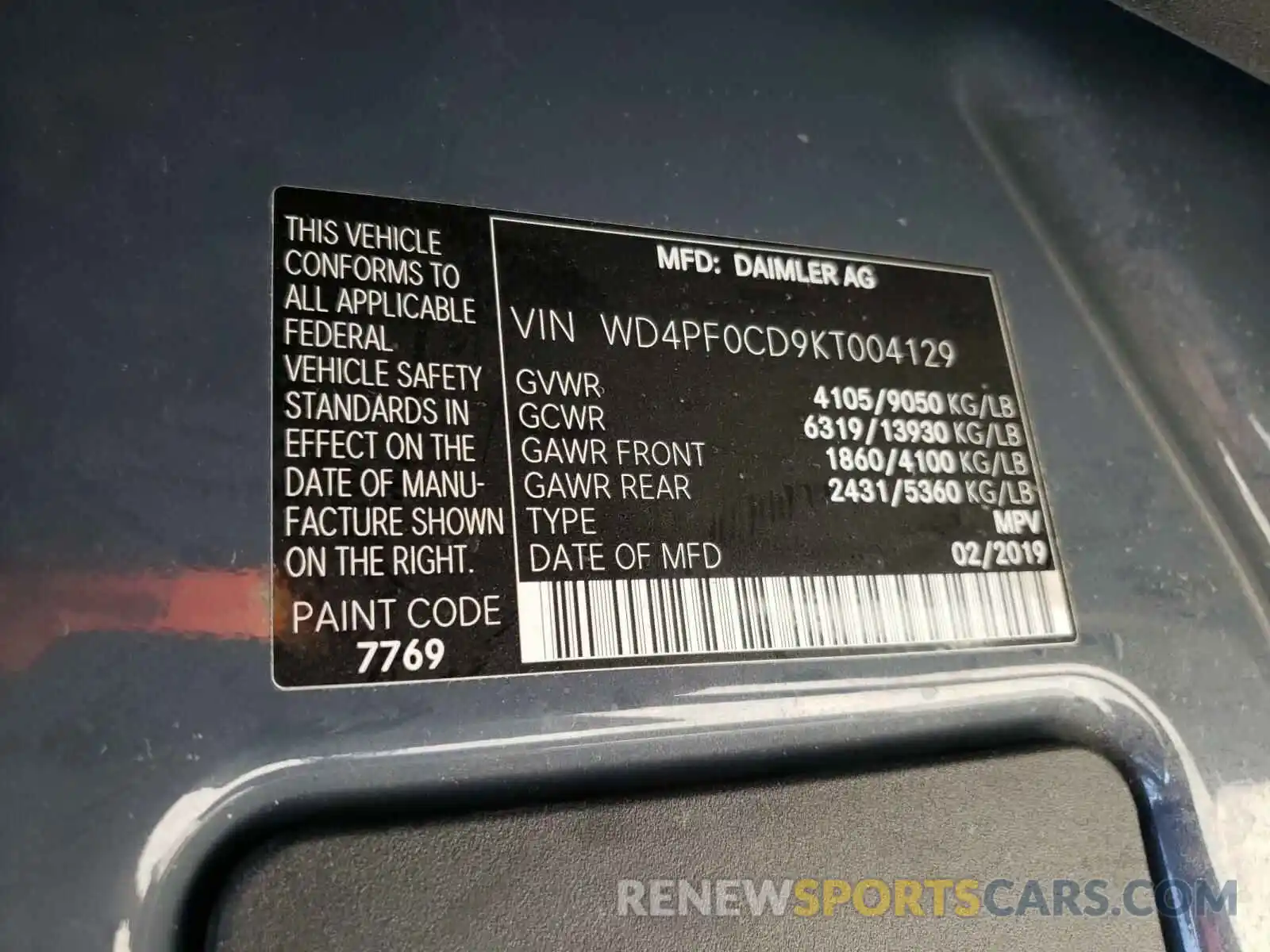 10 Photograph of a damaged car WD4PF0CD9KT004129 MERCEDES-BENZ SPRINTER 2019