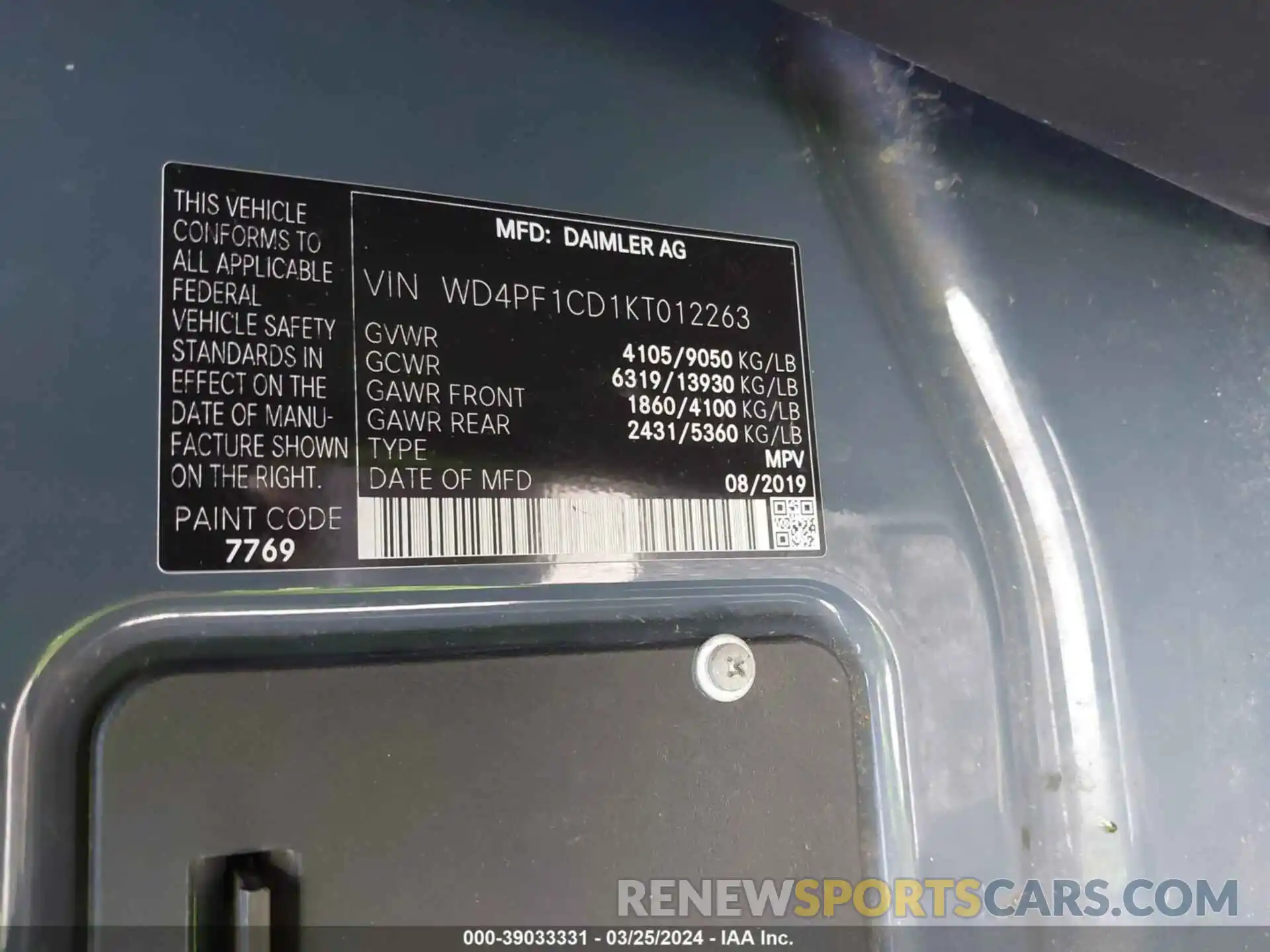 9 Photograph of a damaged car WD4PF1CD1KT012263 MERCEDES-BENZ SPRINTER 2019