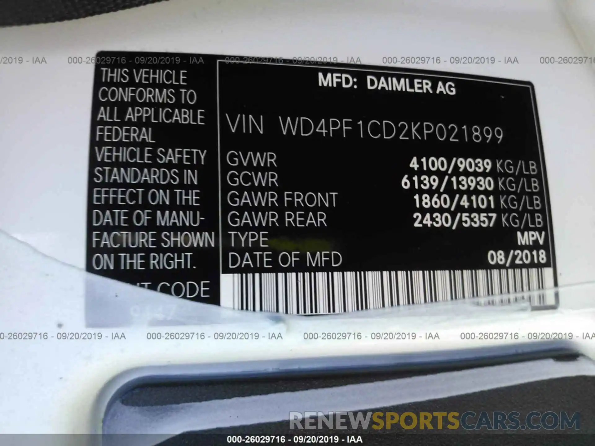 9 Photograph of a damaged car WD4PF1CD2KP021899 MERCEDES-BENZ SPRINTER 2019